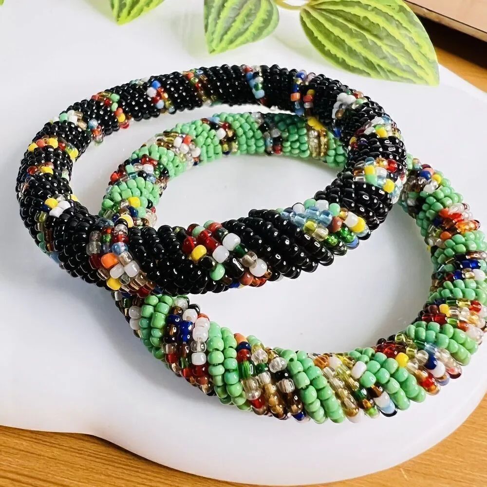 Traditional African Multicolored Beaded Bangle Bracelet Black Blue Orange